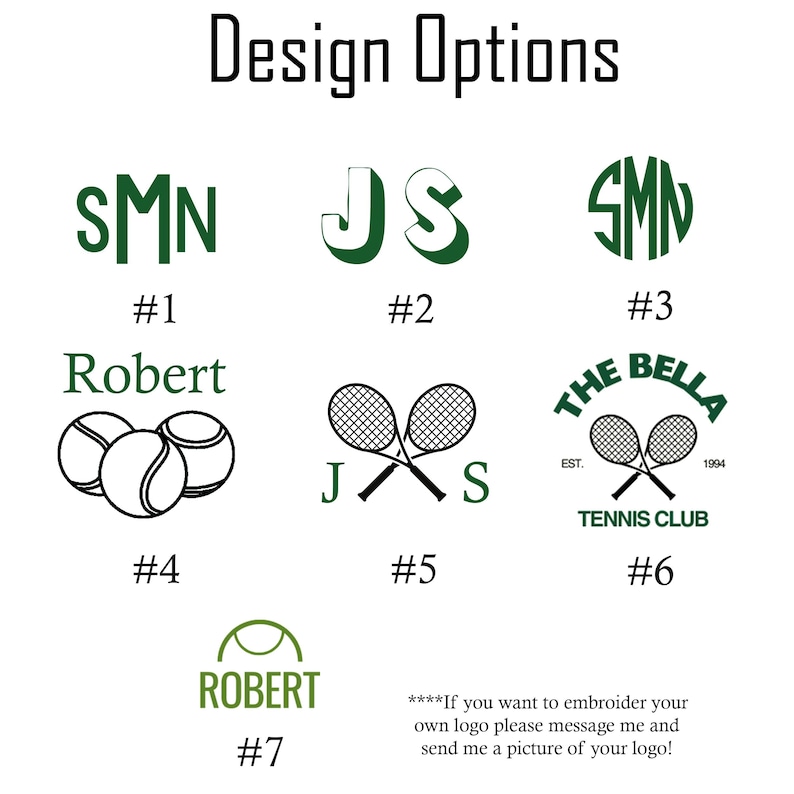 May include: Seven different design options for a tennis-themed logo. The options include a monogram, initials, a tennis racket, and a tennis ball. The text "The Bella Tennis Club Est. 1994" is included in one of the designs.