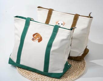 Custom Embroidered Pet Portrait Canvas Tote Bag, Personalized Dog or Cat Lover Gift