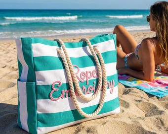 Personalized Striped Beach Tote,Chenille Lettering Cruise Vacation Bag, Vacation Accessory, 3D Embroidered Girls Trip Bag