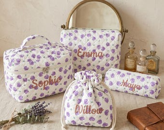 Monogram Makeup Bag, Embroidered Block Print Toiletry Bag, Travel Cosmetic Pouch, Bridesmaid Gifts Proposal, Train Case, Bridal Party Gifts