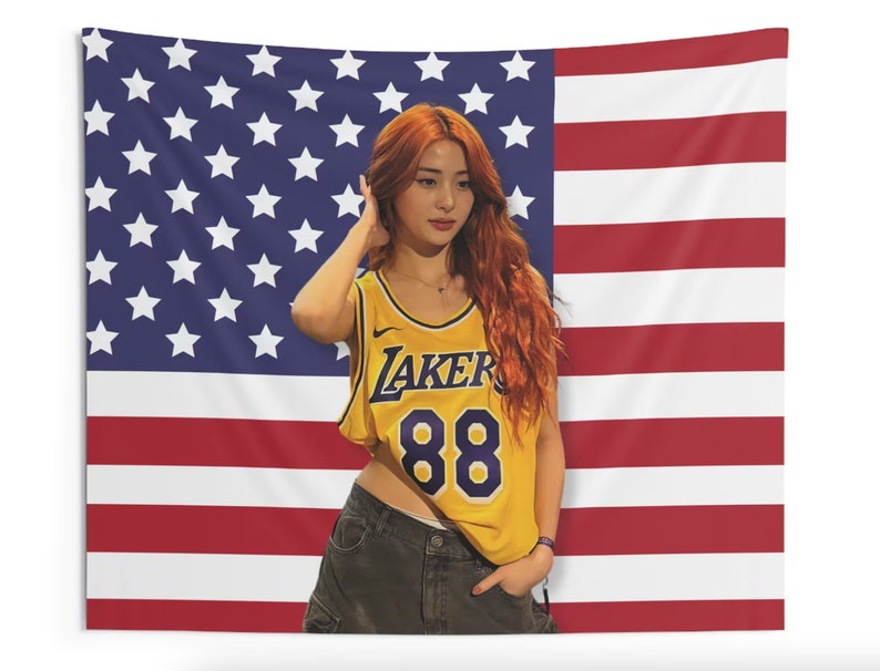 Le Sserafim Yunjin America Flag Banner, Le Sserafim Yunjin Lakers Kpop Flag Tapestry, Le Sserafim Kpop Merch Decor, Gift Ideas for Fearnot image 3