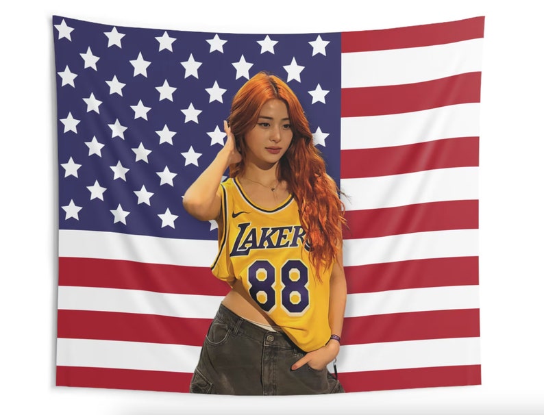 Le Sserafim Yunjin America Flag Banner, Le Sserafim Yunjin Lakers Kpop Flag Tapestry, Le Sserafim Kpop Merch Decor, Gift Ideas for Fearnot image 2