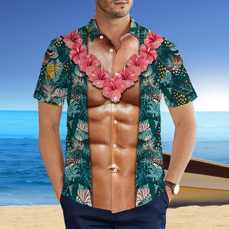 Funny Abs Aloha Tropical Flowers Hawaiian Shirt, Hawaiian Shirt Holiday Tropical Pattern Shirt Birthday Bachelor Party Gift Summer Gift 画像 1