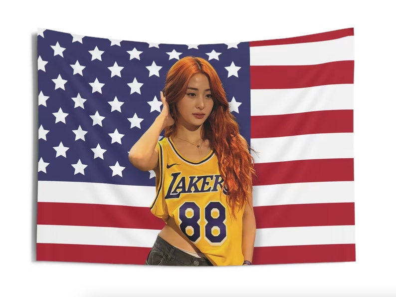 Le Sserafim Yunjin America Flag Banner, Le Sserafim Yunjin Lakers Kpop Flag Tapestry, Le Sserafim Kpop Merch Decor, Gift Ideas for Fearnot image 4