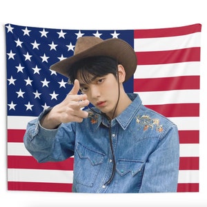 TXT Soobin America Flag Tapestry, Kpop Funny Room Merch, Gift for MOA Soobin Kpop Fan, TXT Kpop Merch, Kpop Fan Merch Wall Decor image 1