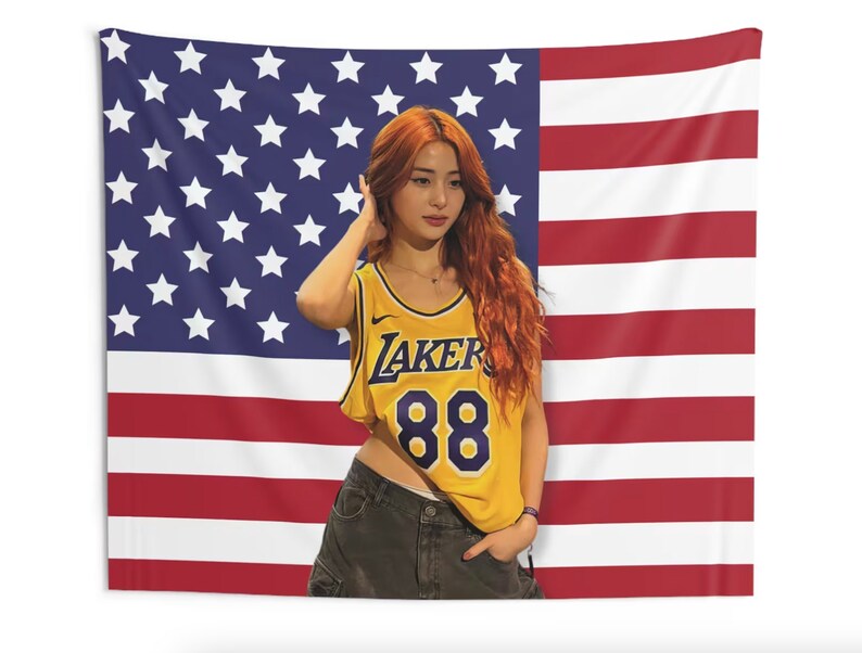 Le Sserafim Yunjin America Flag Banner, Le Sserafim Yunjin Lakers Kpop Flag Tapestry, Le Sserafim Kpop Merch Decor, Gift Ideas for Fearnot image 1