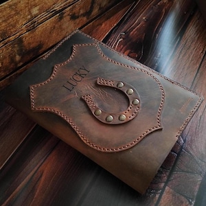 Engraved Crazy Horse Leather Book Cover: Handmade Refillable Journal