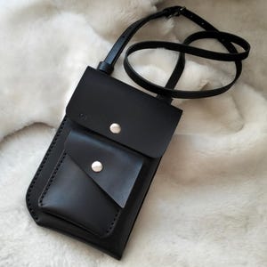 Handmade Leather Phone Bag, Design Phone bag, Black Leather Phone pouch, Real Leather Phone bag with crossbody strap, Mother&#39;s day gift