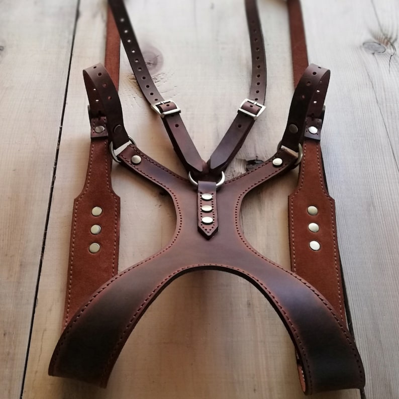 May include: A handcrafted brown leather harness with adjustable straps and silver-colored buckles. The harness features a distinctive design with multiple connection points and decorative rivets. The leather has a rich, textured appearance, suggesting durability and quality.