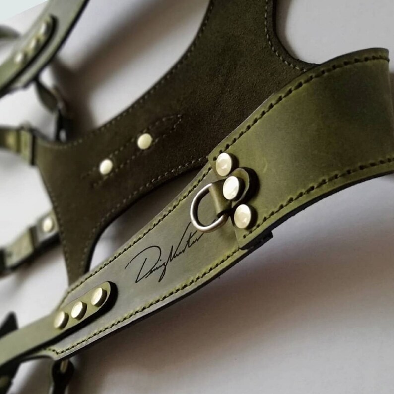 May include: Olive green leather harness with metal hardware. The harness features a stitched design, a metal ring, and the signature "Dzigi Viktor" in black script. The leather has a matte finish.