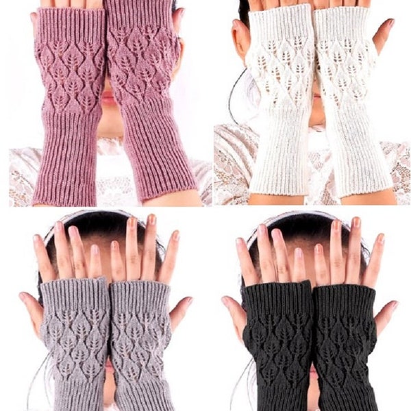 elegante und weiche Handstulpen mit Lochmuster für Frauen NEU aus weichem Feinstrick, Gelenkwärmer, Universalgröße, mit Laub-Muster