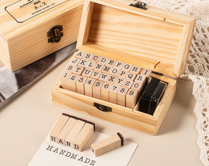 Wooden Rubber Stamp With Ink Pad & Box, 26 Capital Letter Stamps, 10 Number Stamps, Wood Stamp Set, Letter Rubber Stamp Set, Decorative Seal
