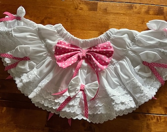 ABDL Handmade  Pink and a white Sissy Micro Skirt , Frilly skirt, Sissy Frilly Knickers, ABDL Adult Play Clothing