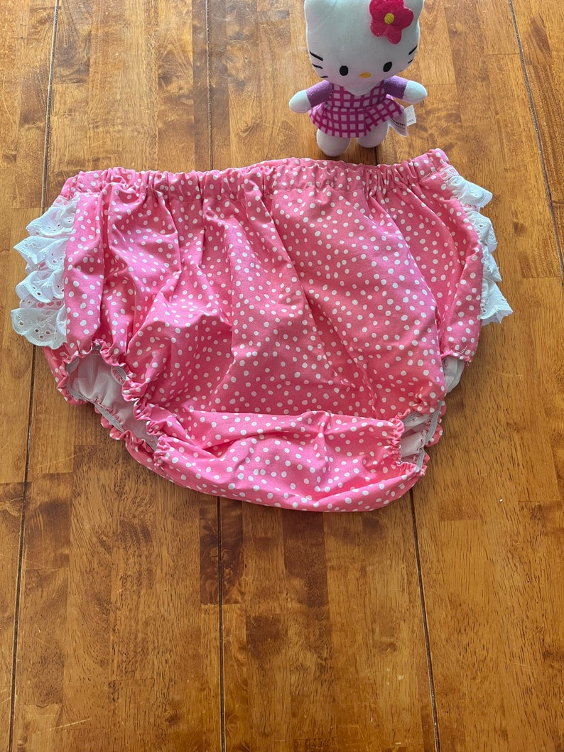 Handmade pretty ABDL waterproof diaper cover, frilly cotton and so cute available in 14 sizes she size chart image 2