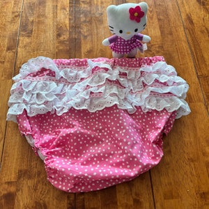 Handmade pretty ABDL waterproof diaper cover, frilly cotton and so cute available in 14 sizes she size chart image 1