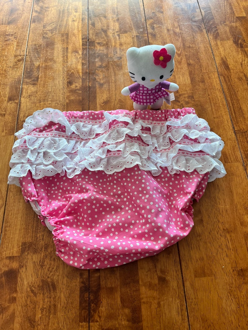 Handmade pretty ABDL waterproof diaper cover, frilly cotton and so cute available in 14 sizes she size chart image 1