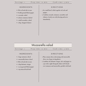 May include: A recipe card with two salad recipes: Avocado and Tomato Salad, and Mozzarella Salad. The Avocado and Tomato Salad recipe includes ingredients like avocado, tomatoes, and cucumber. The Mozzarella Salad recipe includes tomatoes and mozzarella cheese.
