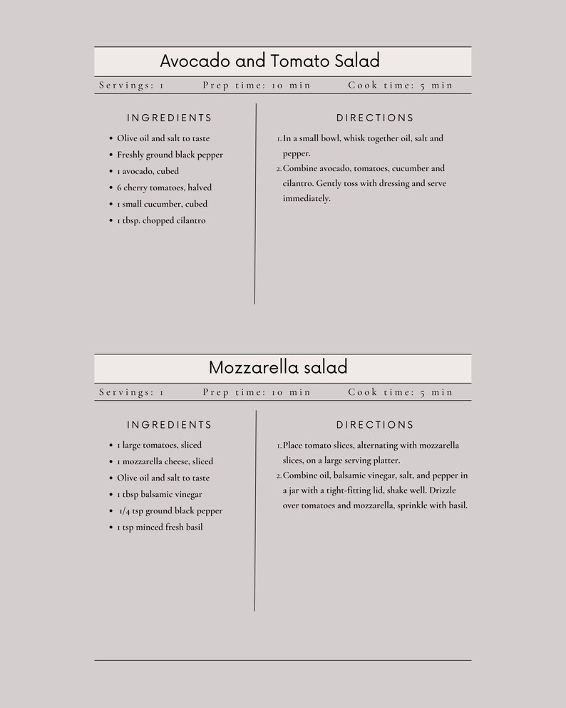 May include: A recipe card with two salad recipes: Avocado and Tomato Salad, and Mozzarella Salad. The Avocado and Tomato Salad recipe includes ingredients like avocado, tomatoes, and cucumber. The Mozzarella Salad recipe includes tomatoes and mozzarella cheese.