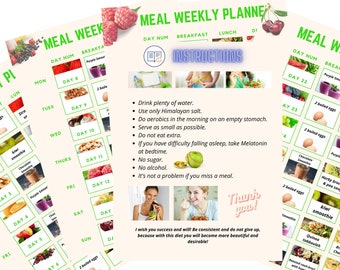May include: A weekly meal planner with a green and white background. The planner includes a list of instructions for a healthy diet, including drinking plenty of water, using Himalayan salt, and doing aerobics in the morning. The planner also includes a daily meal plan with a variety of foods, including fruits, vegetables, smoothies, and eggs.