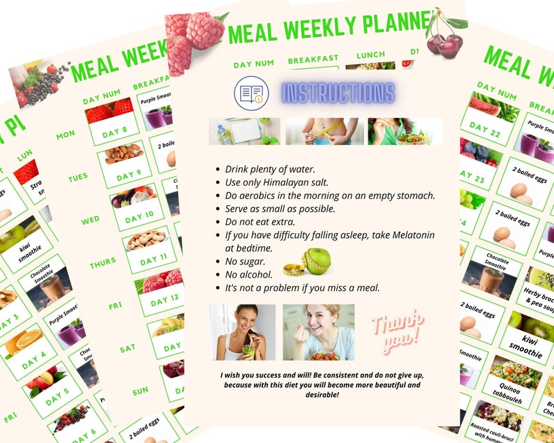 May include: A weekly meal planner with a green and white background. The planner includes a list of instructions for a healthy diet, including drinking plenty of water, using Himalayan salt, and doing aerobics in the morning. The planner also includes a daily meal plan with a variety of foods, including fruits, vegetables, smoothies, and eggs.