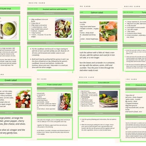 May include: A collection of recipe cards with colorful images and instructions for making various dishes, including a herby broccoli and pea soup, roasted cauliflower with hummus, salmon salad, tuna lettuce wrap, Greek salad, prawn cocktail salad, quinoa tabbouleh, and cheese and mozzarella bake.