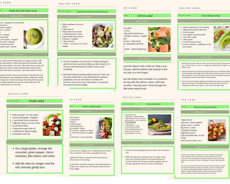May include: A collection of recipe cards with colorful images and instructions for making various dishes, including a herby broccoli and pea soup, roasted cauliflower with hummus, salmon salad, tuna lettuce wrap, Greek salad, prawn cocktail salad, quinoa tabbouleh, and cheese and mozzarella bake.