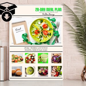 May include: A 28-day meal plan created by a Bulgarian girl named Mitka Georg. The cover features a green salad with tomatoes, cucumbers, and lettuce in a green bowl. The text "Diet" is written on a notepad with a measuring tape wrapped around it. The meal plan includes breakfast, lunch, and dinner recipes, as well as smoothies, salads, and soups.