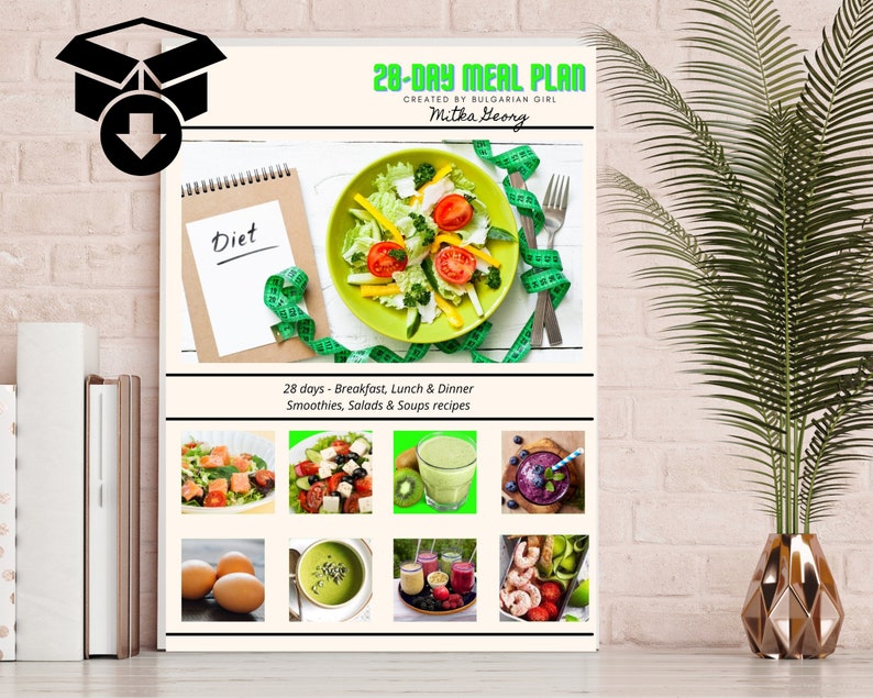 May include: A 28-day meal plan created by a Bulgarian girl named Mitka Georg. The cover features a green salad with tomatoes, cucumbers, and lettuce in a green bowl. The text "Diet" is written on a notepad with a measuring tape wrapped around it. The meal plan includes breakfast, lunch, and dinner recipes, as well as smoothies, salads, and soups.