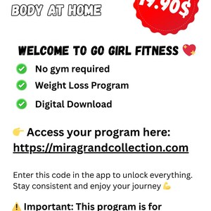 May include: A promotional graphic with the text "TRANSFORM YOUR BODY AT HOME" and "WELCOME TO GO GIRL FITNESS." It highlights "No gym required," "Weight Loss Program," and "Digital Download." A red tag displays "19.90$".
