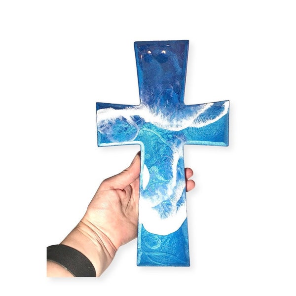 Bright Blue Ocean Wave Wall Cross: 11” coastal resin cross for wall with foamy white ocean waves, perfect for wedding gift or beach theme