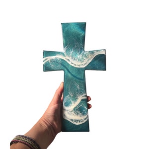 Dark Ocean Resin Cross- handmade beach themed coastal wall cross, 11x6 in size, teal/greenish/blues in color, baptism, confirmation cross