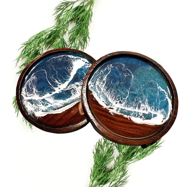 Set of 2 XL Round Resin Ocean Coasters : Handmade Beach Coasters with Shades of Blue, Dark colored wood coaster set, Ocean theme coasters