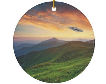UFO Sighting Ceramic Ornament Version 1 - Funny Nerdy Geeky Christmas Holiday Gift - Alien Abduction Flying Saucer