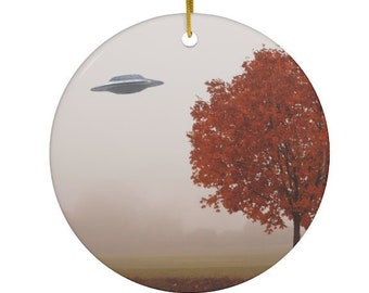 UFO Sighting Ceramic Ornament Version 2 - Funny Nerdy Geeky Christmas Holiday Gift - Alien Abduction Flying Saucer