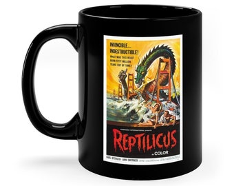 Reptilicus Movie Poster Mug - 11 oz. Black Coffee Mug - Classic Horror Monster B-Movie Gift Cup