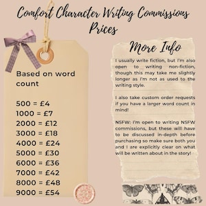 May include: A beige tag with a purple bow and a list of writing commission prices based on word count from 500 to 9000 words. Next to it is a torn piece of paper with the heading More Info detailing fiction, non-fiction, and custom requests.