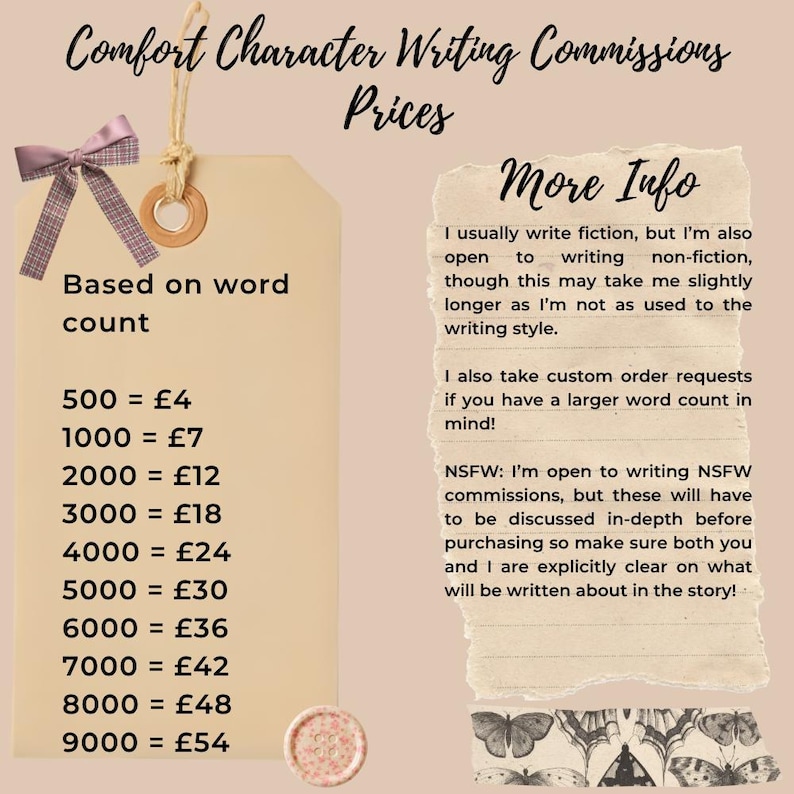 May include: A beige tag with a purple bow and a list of writing commission prices based on word count from 500 to 9000 words. Next to it is a torn piece of paper with the heading More Info detailing fiction, non-fiction, and custom requests.