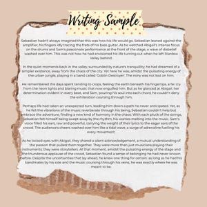 May include: A white paper sheet with torn edges featuring the text Writing Sample at the top on a decorative strip. The paper contains a narrative paragraph about a character named Sebastian, his band Goblin Destroyer, and his bandmate Abigail.