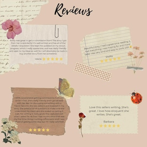 May include: A digital collage titled Reviews featuring four customer testimonials on torn paper scraps. The design includes decorative elements like a pink flower, a butterfly, a ladybug, a sprig of dried flowers, and a plaid washi tape strip.