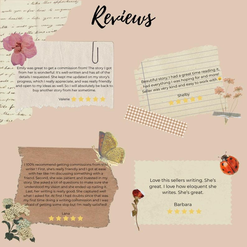 May include: A digital collage titled Reviews featuring four customer testimonials on torn paper scraps. The design includes decorative elements like a pink flower, a butterfly, a ladybug, a sprig of dried flowers, and a plaid washi tape strip.