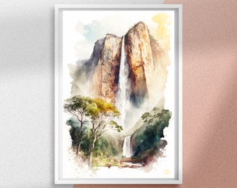 Angel Falls Watercolor Painting Print, Venezuela Wall Art Decor and Personalized Waterfall Travel Poster, Perfect Gift Idea for Nature Lover