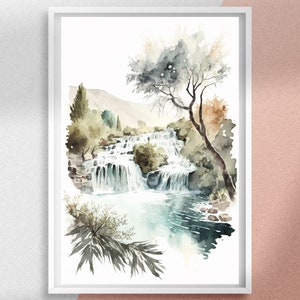 May include: Watercolor painting of a waterfall cascading down a rocky cliff, surrounded by lush green trees and a blue sky. The painting has a soft, dreamy feel and is perfect for adding a touch of nature to any room.