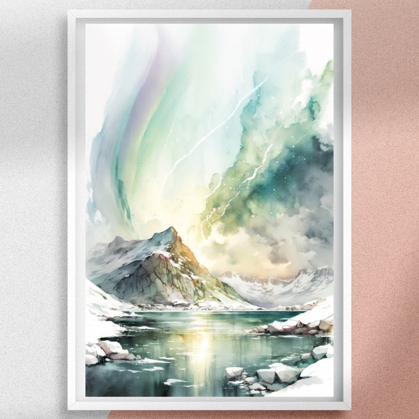 Aurora Borealis Watercolor Painting Art Prints, Northern Lights Wall Art of Norway, Nature Lover Gift Ideas