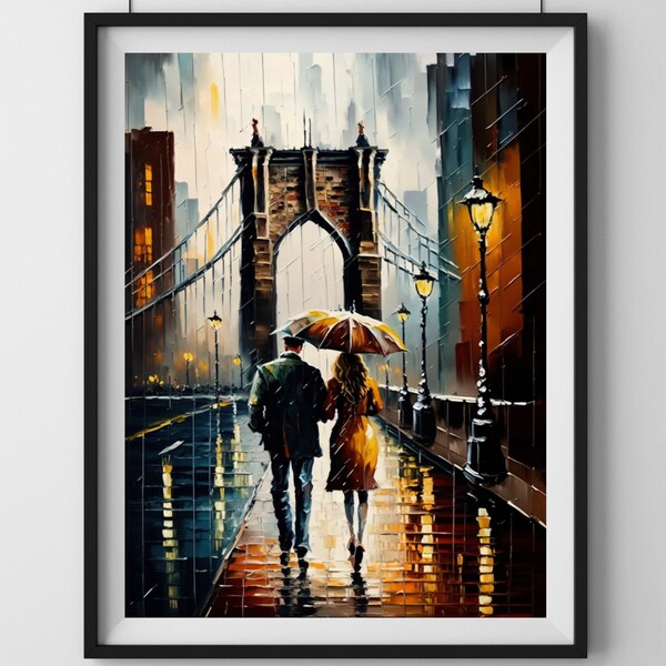 Romantic Couple in Brooklyn Bridge Oil Painting, Printable New York Landmark Wall Art, Unique Rain Art Print for Lovers