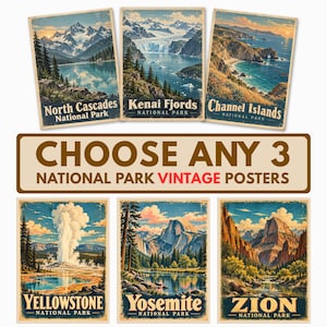 May include: Six rectangular vintage-style posters featuring illustrations of North Cascades, Kenai Fjords, Channel Islands, Yellowstone, Yosemite, and Zion National Parks. A central banner displays the text CHOOSE ANY 3 NATIONAL PARK VINTAGE POSTERS.