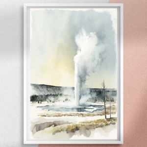 Impresión de pintura de acuarela Old Faithful, arte de pared del Parque Nacional de Yellowstone para amantes de la naturaleza, idea de póster de viaje personalizado para la decoración del hogar