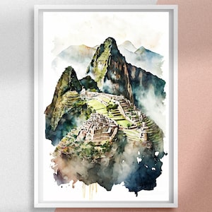 Machu Picchu Aquarell Malerei Kunstdruck, Personalisierte Peru Wandkunst für Reisende, Aquarell Poster Art für Einzigartige Geschenkidee