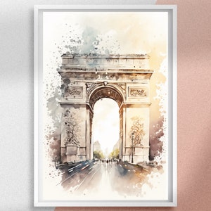 Pintura en acuarela del Arco del Triunfo e impresiones de carteles, arte mural imprimible de París Francia, gran regalo para los amantes de los viajes y la decoración del hogar