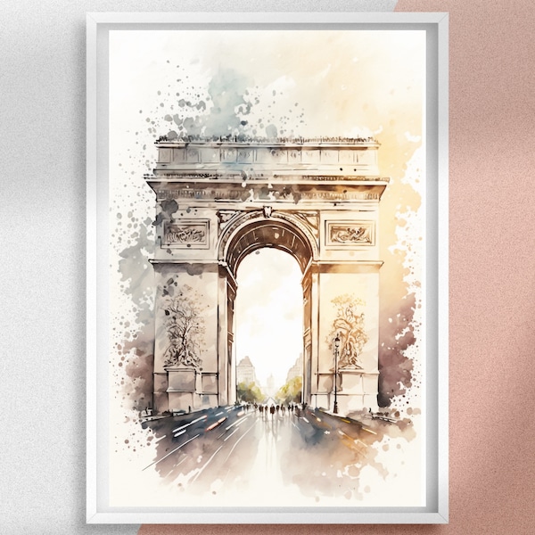 Arc de Triomphe Watercolor Painting and Poster Prints, Printable Paris France Wall Art, Great Gift for Travel Lovers and Home Decor