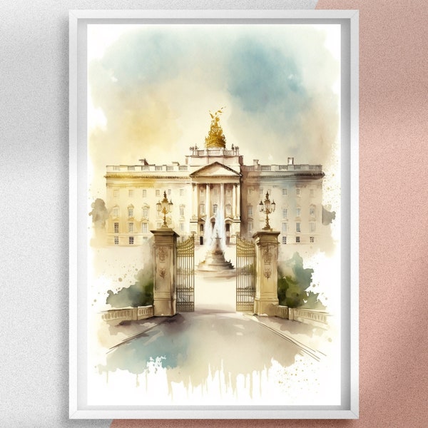 Buckingham Palace Watercolor Poster, Europe Printable Wall Art and Canvas Print, England Travel Decor and Personalized Gift Idea